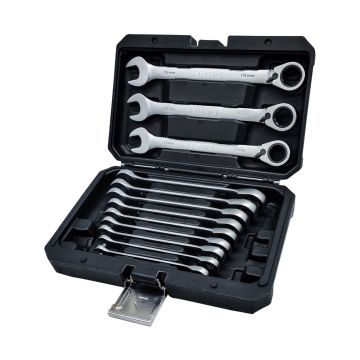 Ratschen-Ringgabelschlüsselsatz TOMAC 12-teilig 8 - 19mm gekröpft 15° umschaltbar